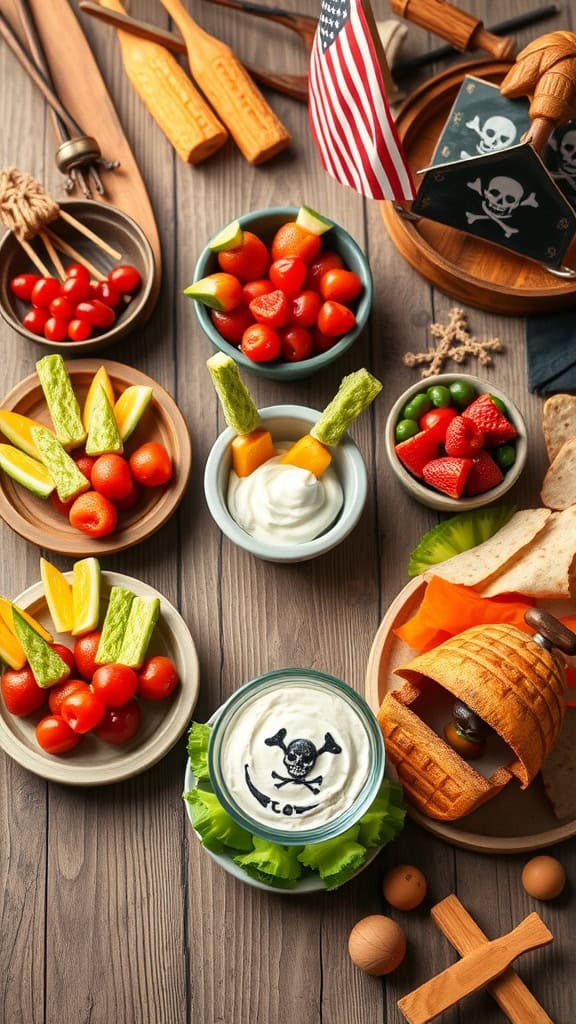 A healthy pirate-themed veggie platter with a creamy dip