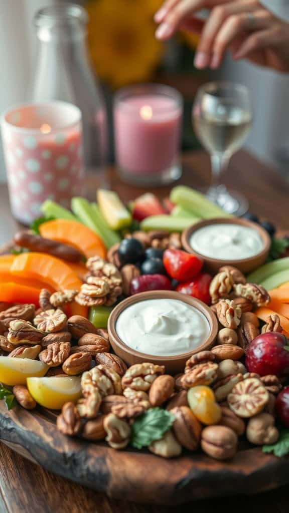 A healthy snack board with fresh fruits, vegetables, nuts, and creamy dips, perfect for guilt-free snacking.