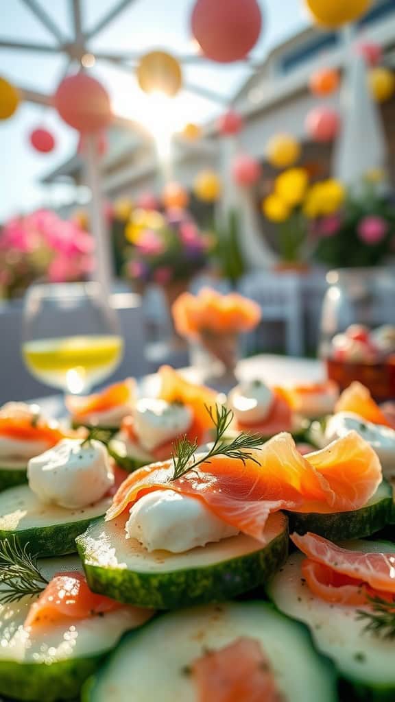 Cucumber and smoked salmon bites arranged on a platter for a summer party.