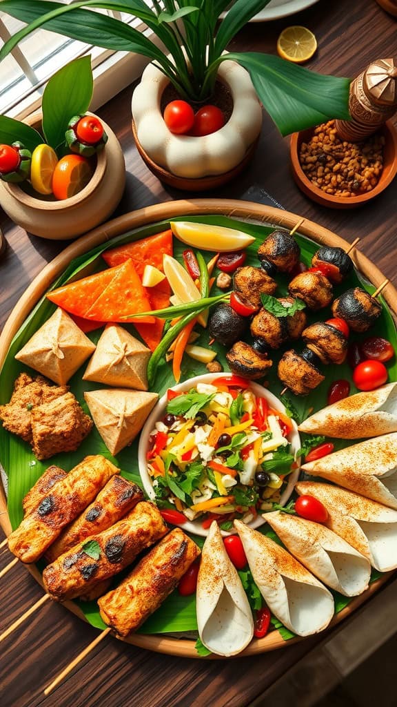 A colorful platter of healthy Filipino party food featuring fresh vegetables, fruits, and light dishes.