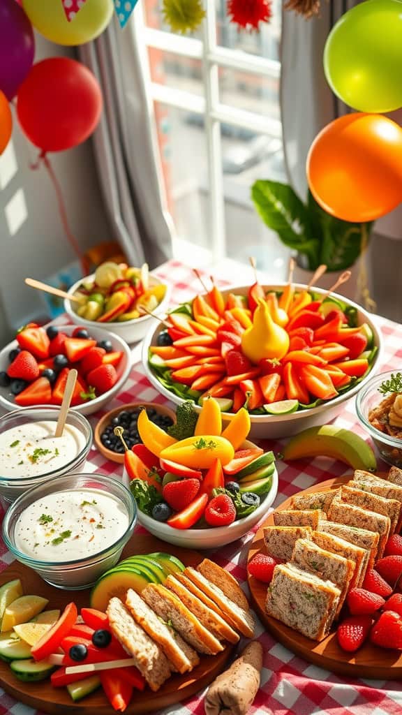 A vibrant fruit and veggie platter with a variety of fresh produce and dips.