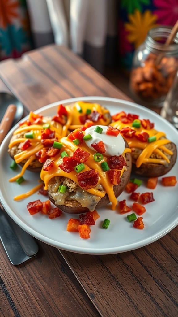 Delicious loaded mini baked potatoes topped with cheese, bacon, and green onions on a white plate.