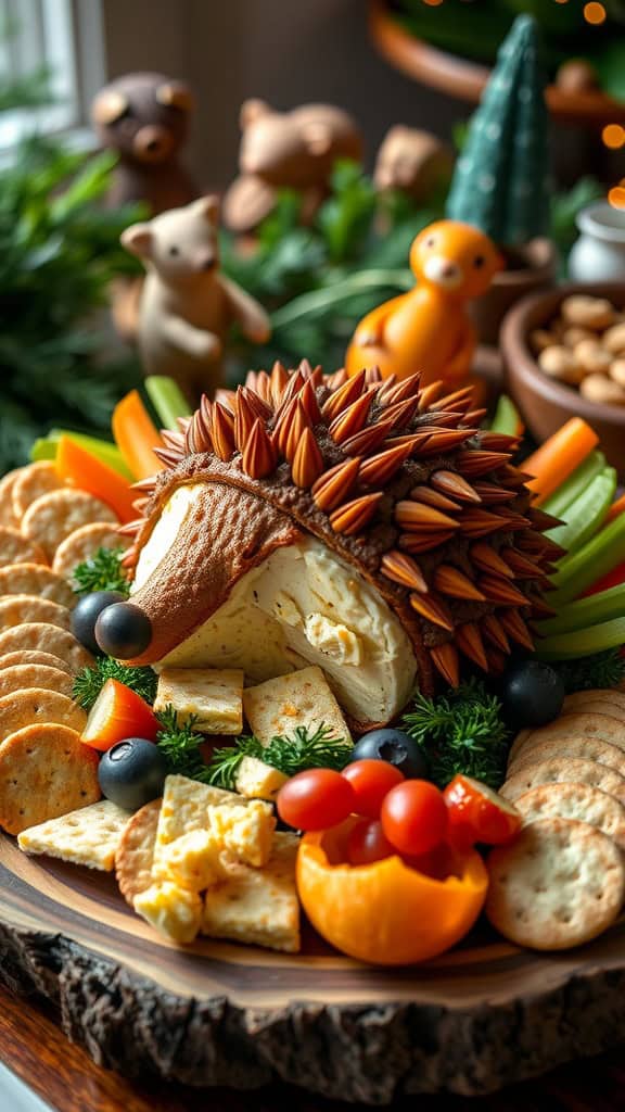 A hedgehog cheeseball surrounded by crackers and vegetables, perfect for a woodland party.