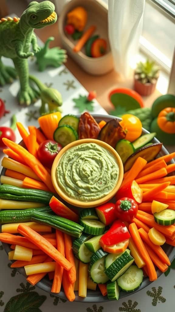 Dinosaur-themed veggie platter with fresh vegetables and dip