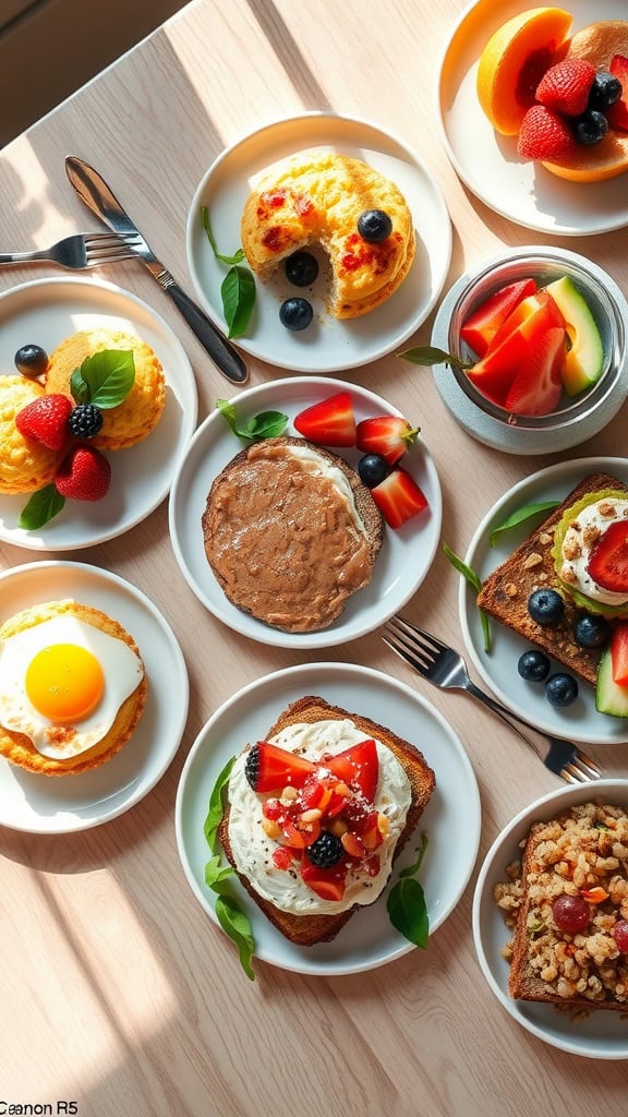 A collection of colorful and nutritious high-protein brunch dishes featuring eggs, yogurt, fruits, and various toppings on toast.