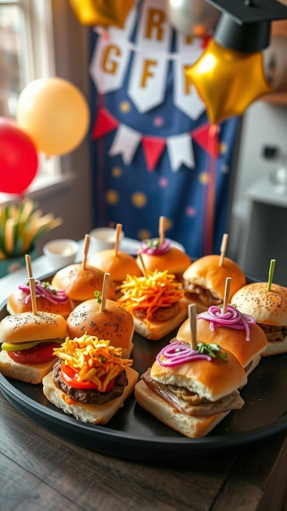 High school graduation party sliders with various toppings.