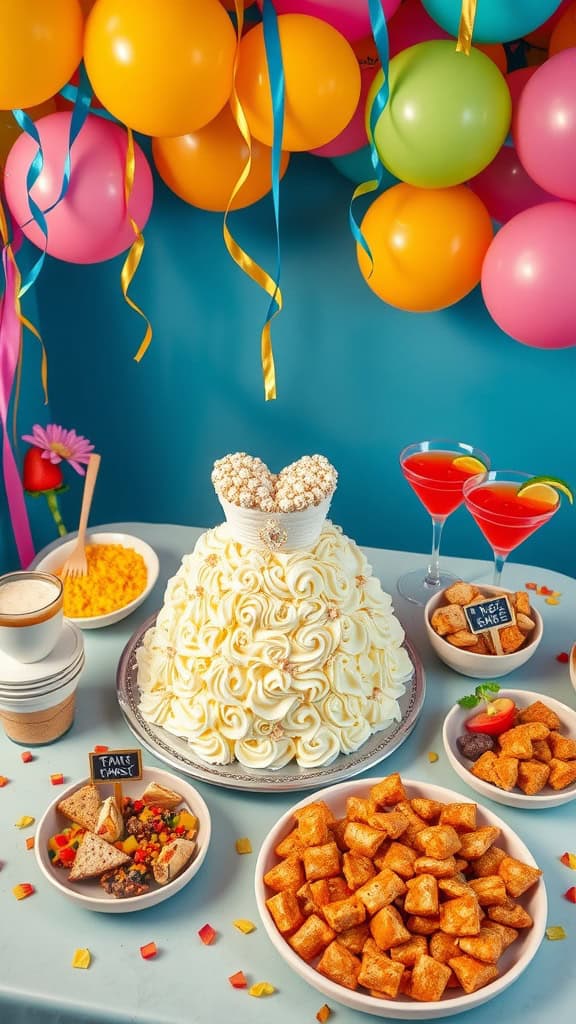 A festive bachelorette party food spread featuring a cake shaped like a bridal dress, colorful snacks, and drinks.