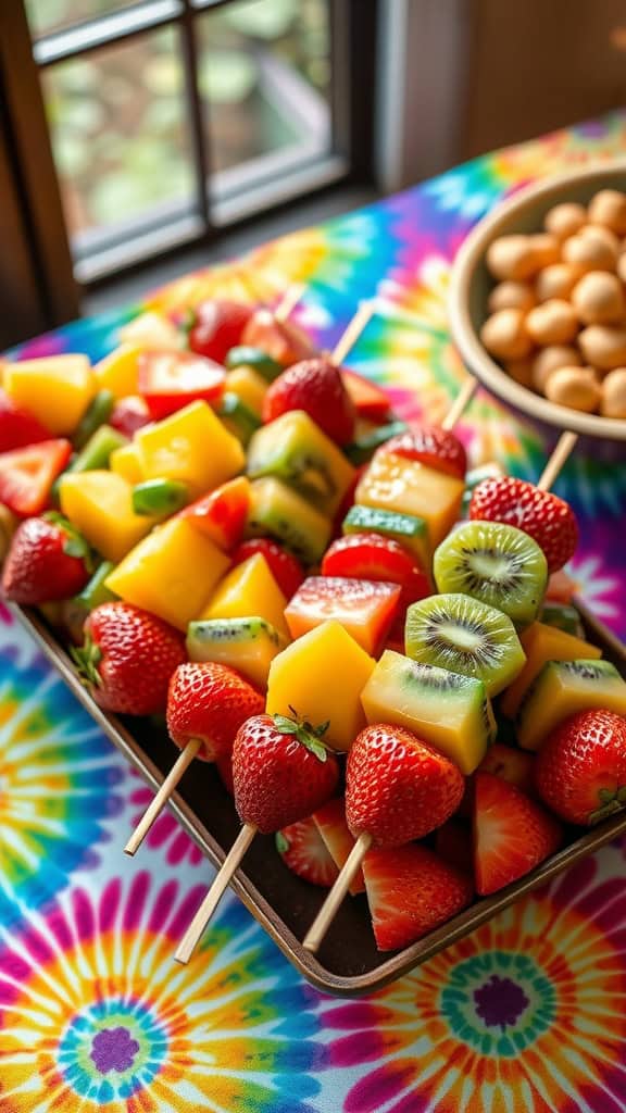 Colorful fruit kebabs made with strawberries, mango, kiwi, and pineapple on bamboo sticks.