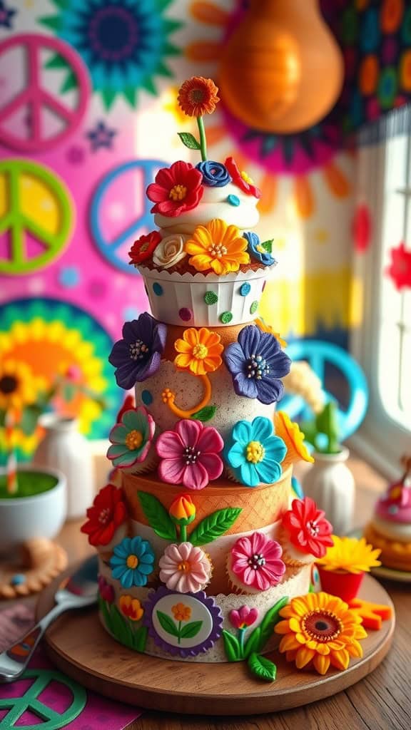 Colorful cupcake tower with flower designs for a hippie party