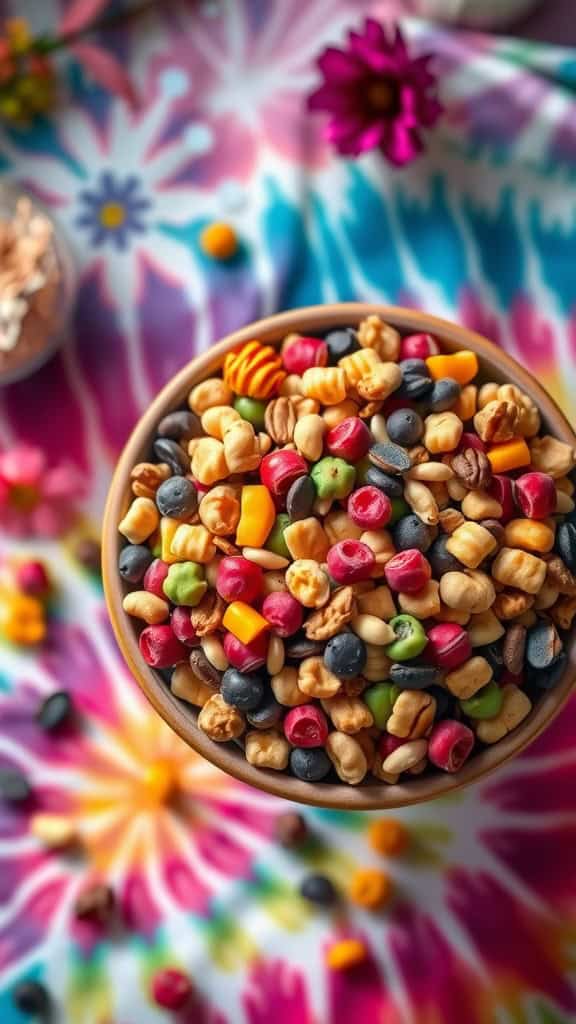 A colorful bowl of hippie party snack mix featuring nuts and dried fruit.