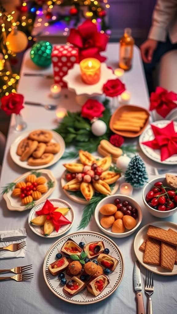 An array of festive holiday-themed treats for an engagement party, including colorful pastries and sweets.