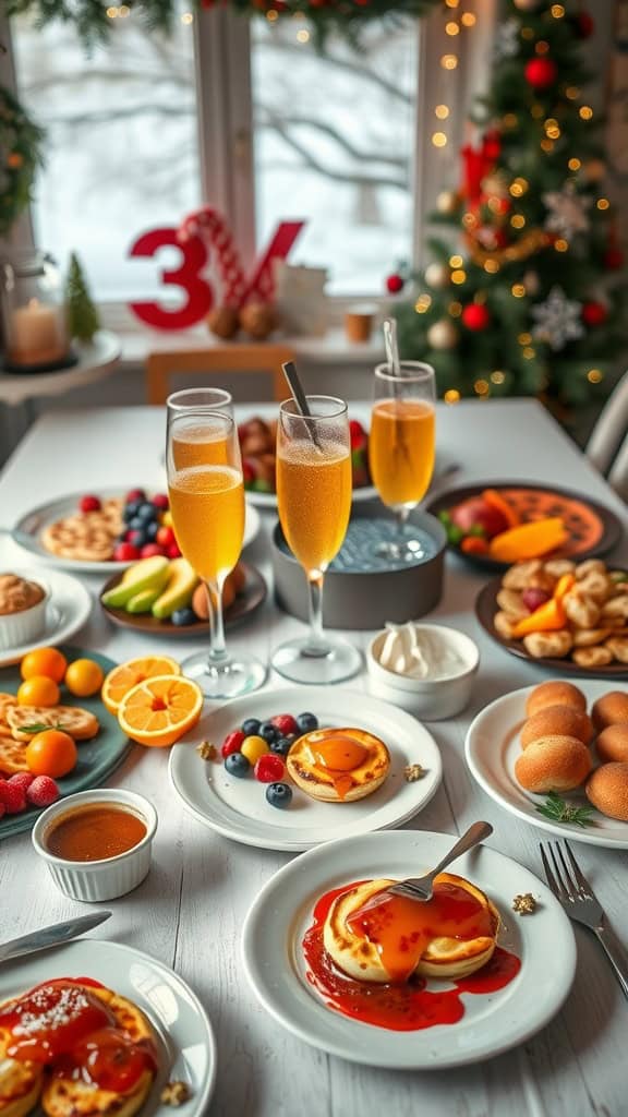 A festive brunch spread with pancakes, fresh fruits, and drinks.