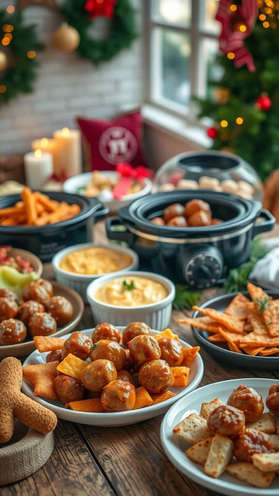 Delicious crockpot meatballs served on a festive table for Christmas.