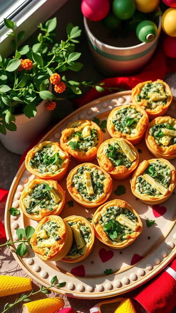 Spinach and artichoke dip cups arranged on a decorative platter