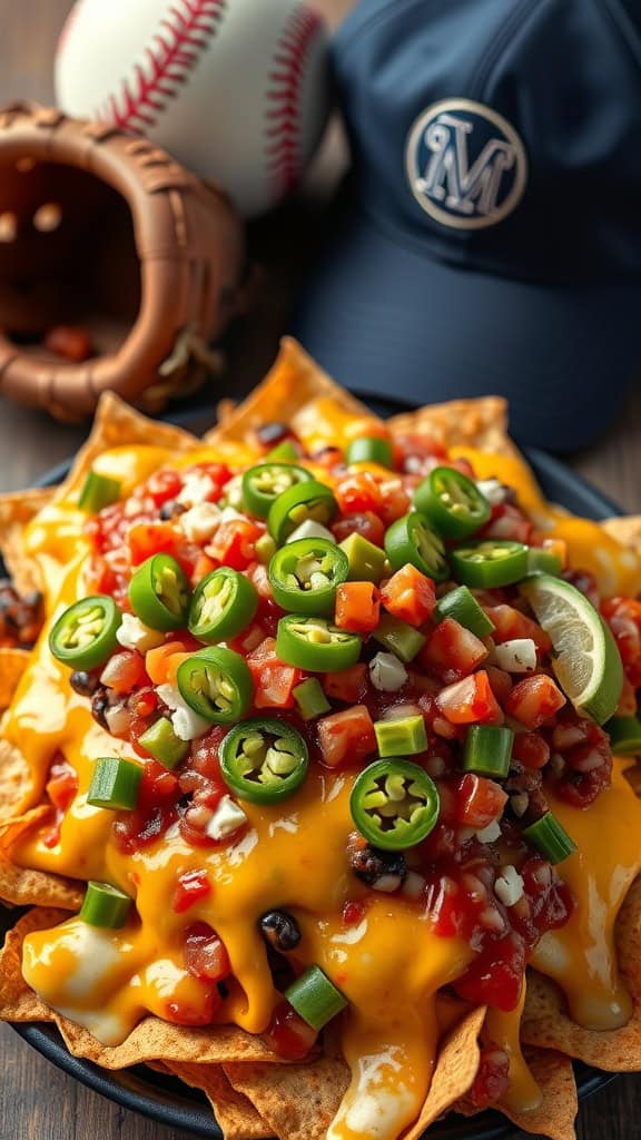 A delicious plate of nachos topped with cheese, jalapeños, and fresh ingredients, perfect for a baseball party.