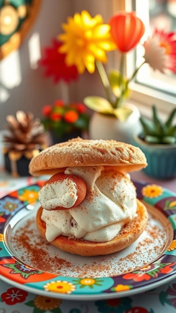 Delicious churro ice cream sandwich on a colorful plate