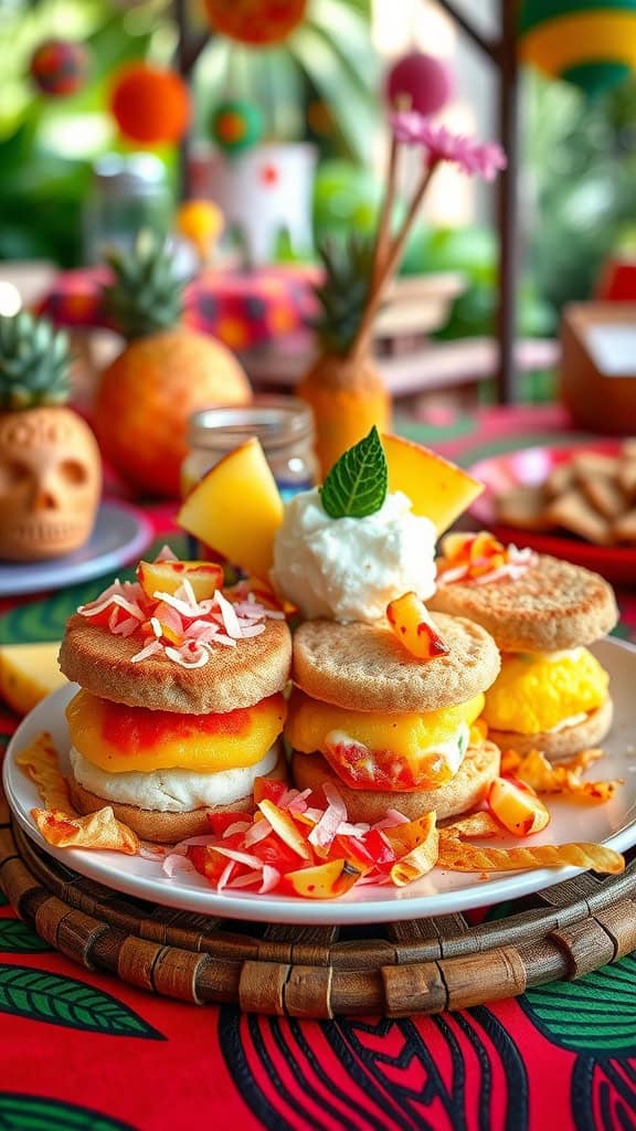 A plate of colorful homemade Hawaiian ice cream sandwiches with fruit toppings.