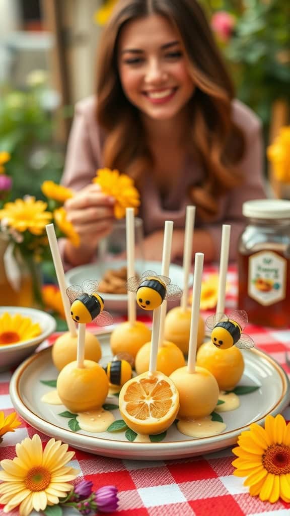 Honey-lemon cake pops designed with buzzing bees, perfect for a bee-themed party.