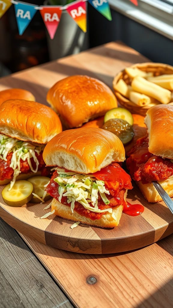 Honey BBQ chicken sliders with coleslaw and pickles