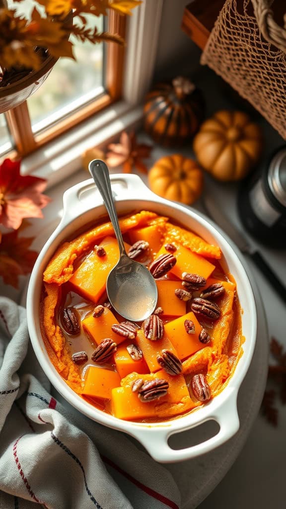 Honey Butter Sweet Potato Casserole with spiced pecans