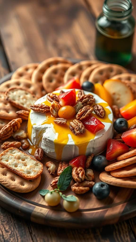 A delicious platter featuring honey drizzled brie cheese topped with nuts and fresh fruit, surrounded by an assortment of crackers.