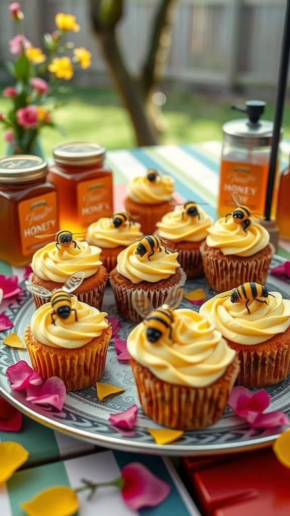 Delicious honeybee cupcakes with honey buttercream frosting, decorated with cute bee toppers.