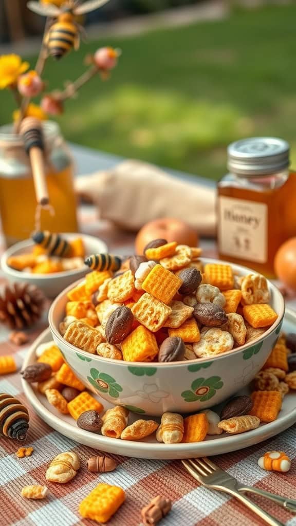 A bowl of honeycomb cereal snack mix with colorful cereal pieces and chocolate candies.