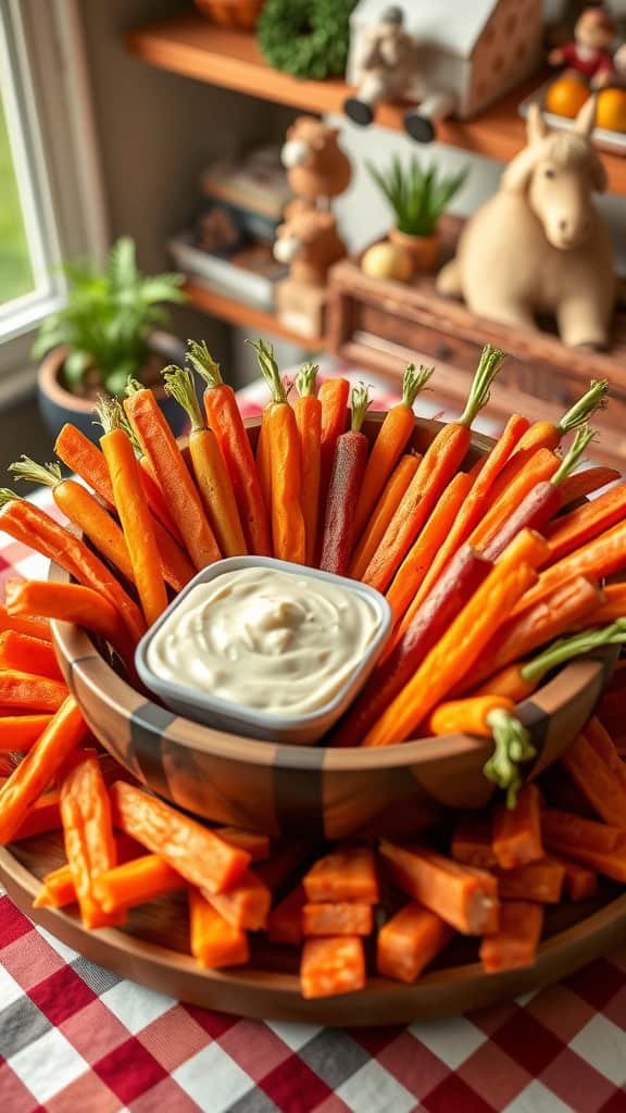 A platter of colorful carrot sticks arranged with a dip in the center, perfect for a farm birthday party.