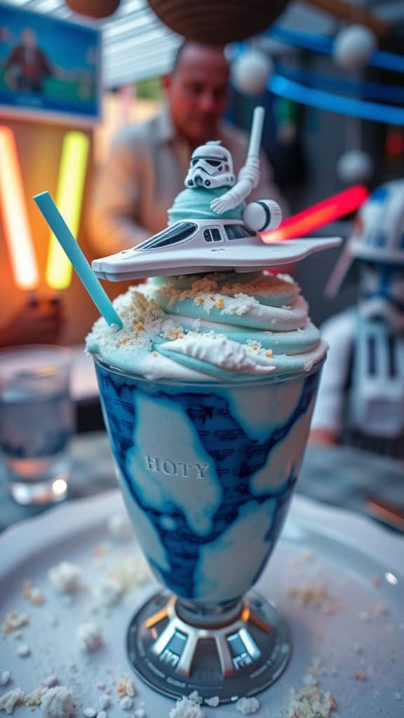 A delicious Hoth ice cream sundae with blue and white colors, topped with whipped cream and cookie crumbles, perfect for a Star Wars themed party.