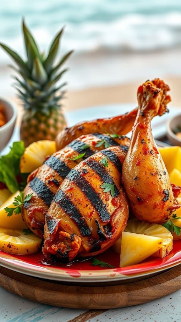 A plate of grilled Huli Huli chicken served with pineapple and garnished with herbs.