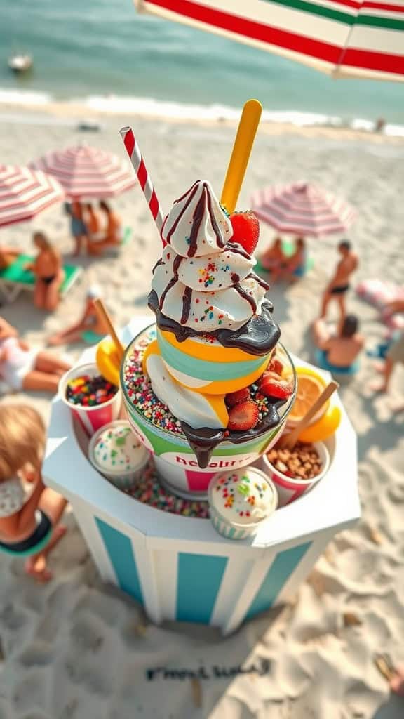 A colorful ice cream sundae bar setup at the beach with various toppings and flavors.