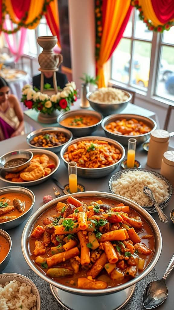 An Indian wedding buffet featuring various curries, naan, and rice dishes.