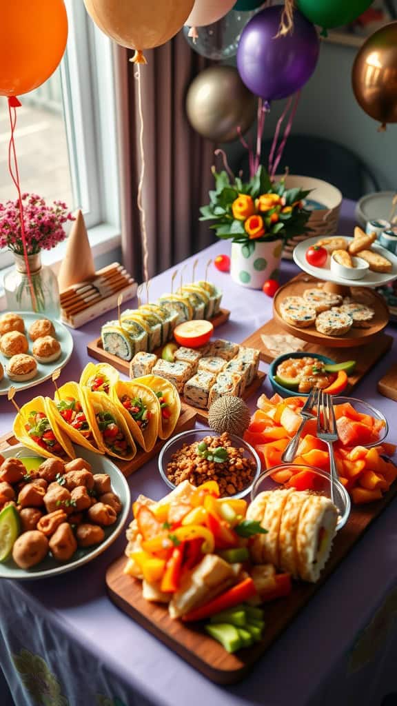 A vibrant spread of international party food including tacos, sushi rolls, and colorful fruits on a decorated table.