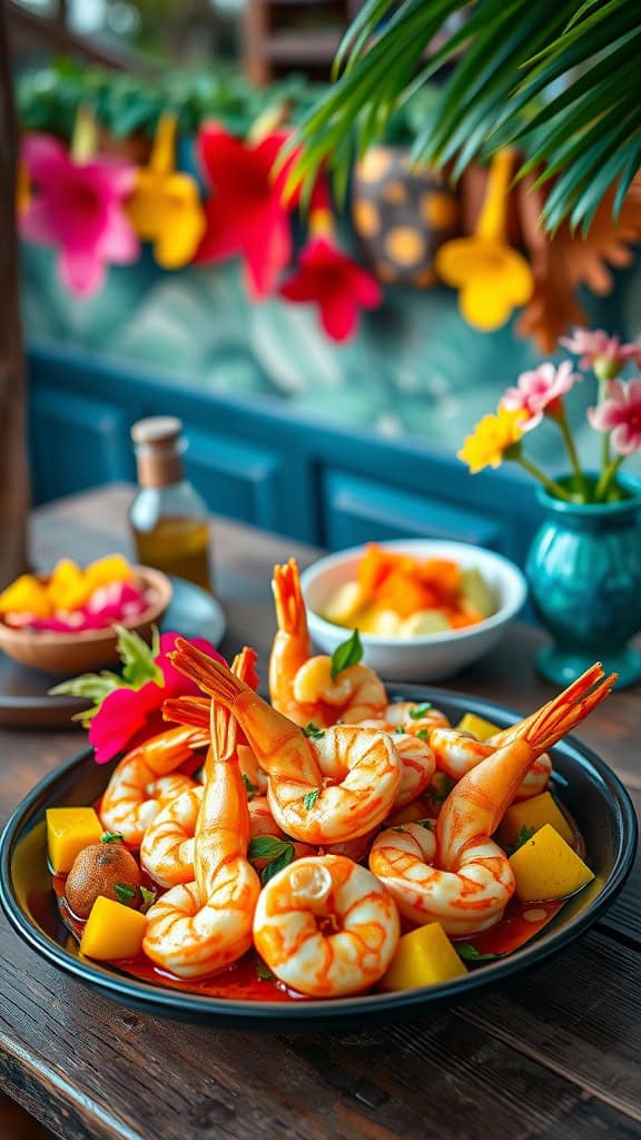 A plate of beautifully arranged garlic shrimp with tropical fruits, showcasing a vibrant and inviting Hawaiian dish.