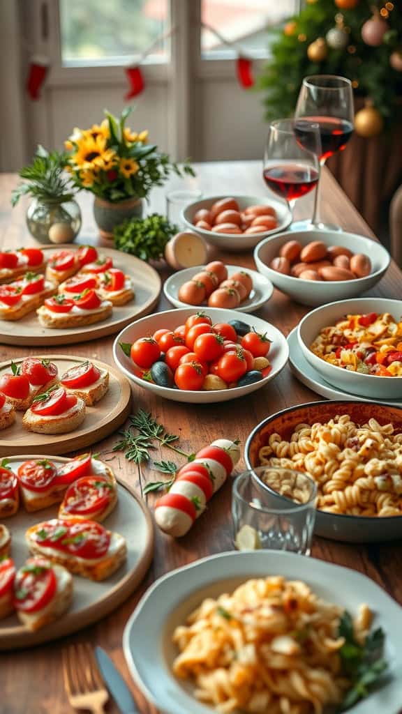 A beautifully arranged Italian-themed party table with various dishes.