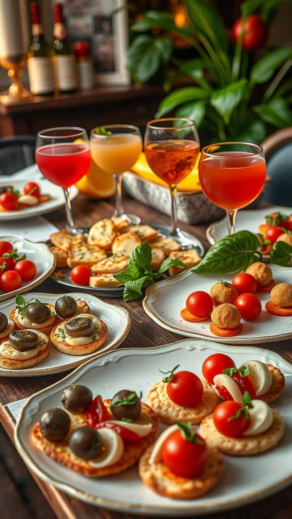 A spread of Italian cocktail party food including crackers, cheese, tomatoes, and drinks.