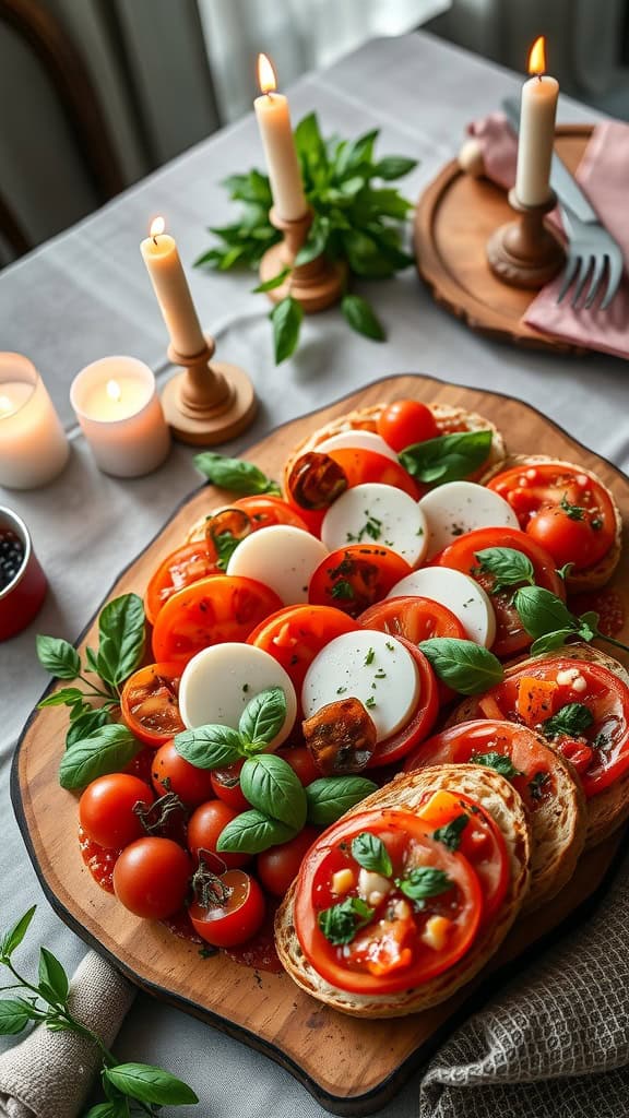 A vibrant display of Caprese salad with fresh tomatoes, mozzarella, and basil, alongside homemade bruschetta on toasted bread.