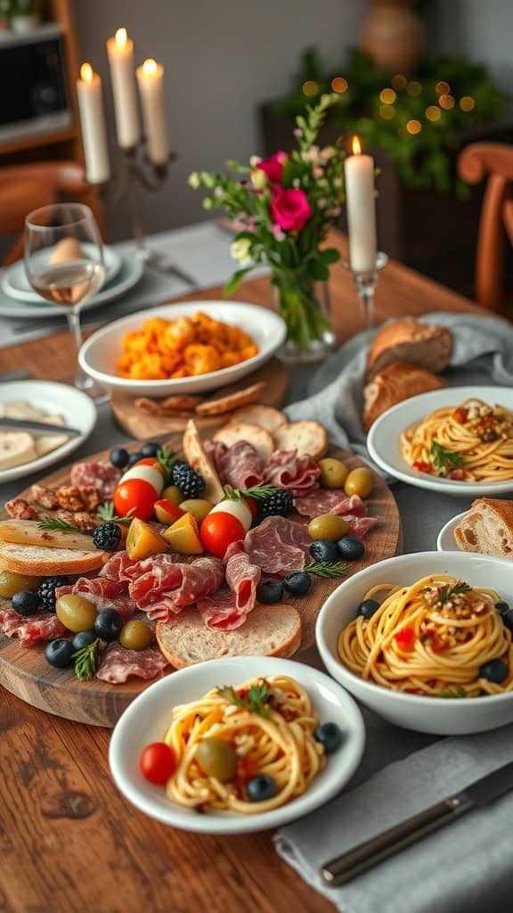 A beautifully arranged Italian charcuterie board featuring cured meats, cheeses, olives, and seasonal fruits.