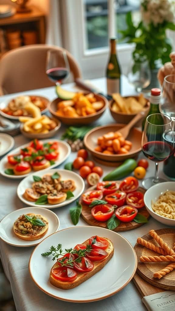 A beautifully arranged platter of Bruschetta topped with fresh tomatoes and basil.