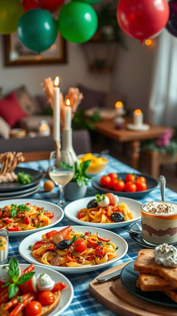 Festive Italian birthday party table with colorful pasta salad and decorations.