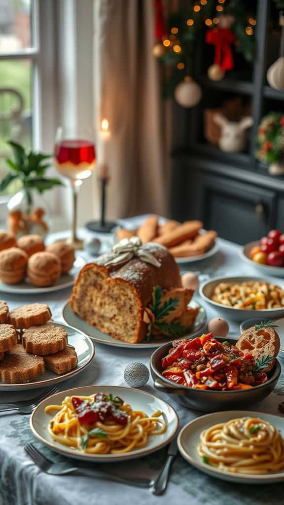 A festive Italian spread featuring spaghetti, antipasto, and holiday treats.