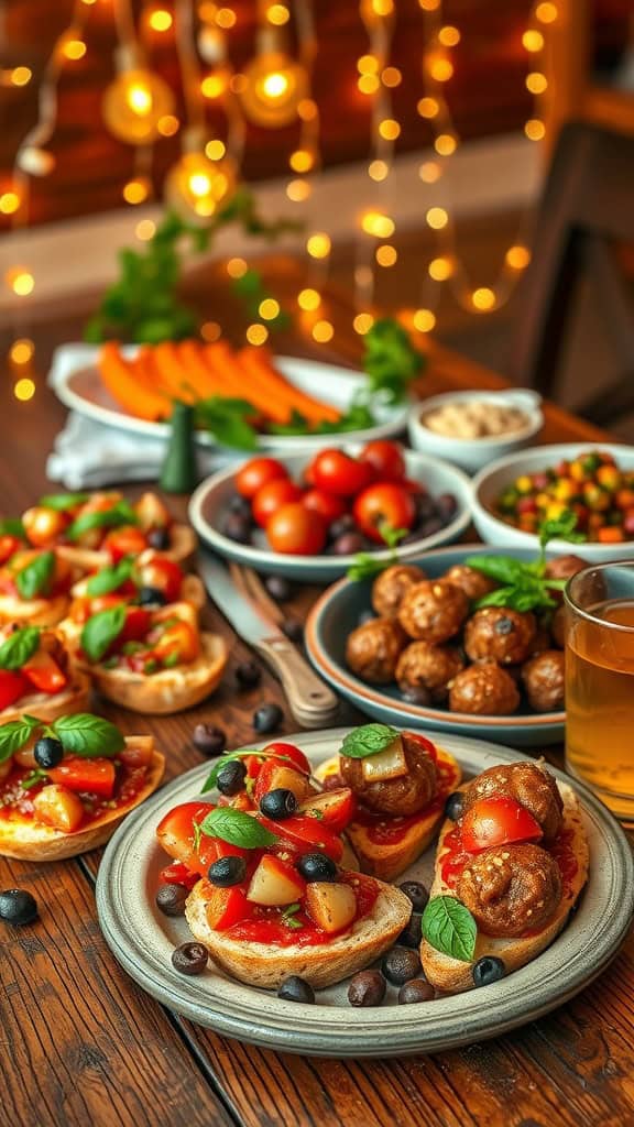 Italian appetizers including bruschetta with tomatoes and olives on a wooden table.