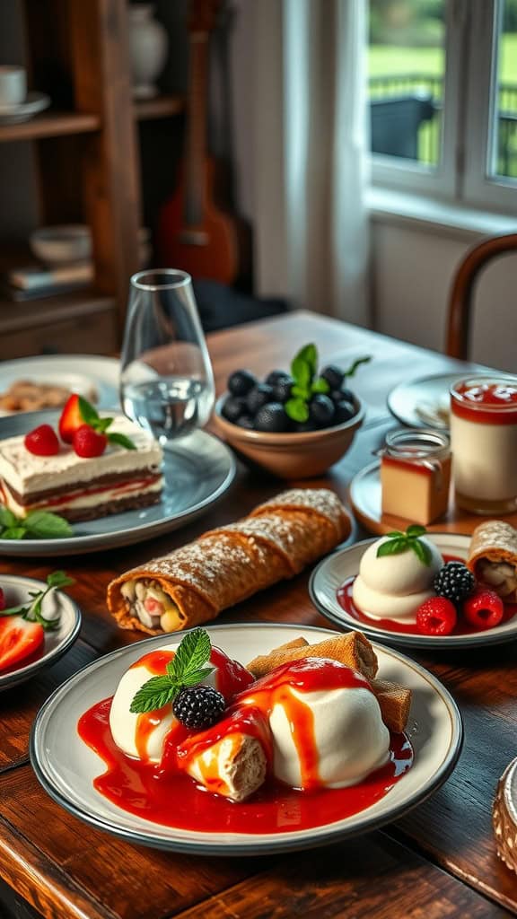 A variety of Italian desserts including panna cotta, cannoli, and fruit toppings.