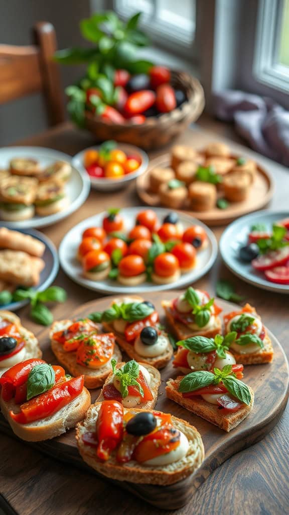 Delicious bruschetta with tomatoes and basil on crusty bread.