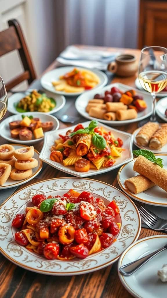 A beautifully arranged Italian party food spread featuring pasta, appetizers, and desserts.