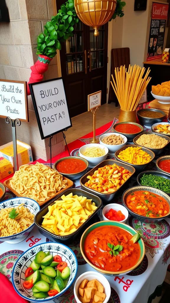 A vibrant setup for an Italian pasta bar with various pasta types, sauces, and toppings.