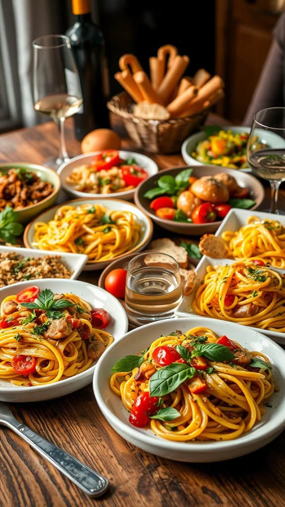 Delicious Italian pasta dishes arranged on a table.