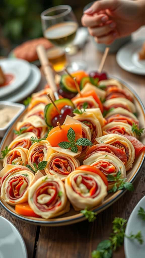 A platter of colorful Italian pinwheels, filled with meats and vegetables, served as a cold party appetizer.