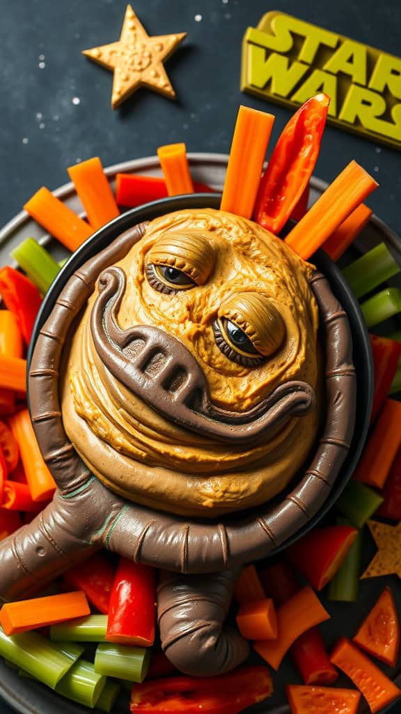 A creative Jabba the Hummus dip served with veggie dippers for a Star Wars party.