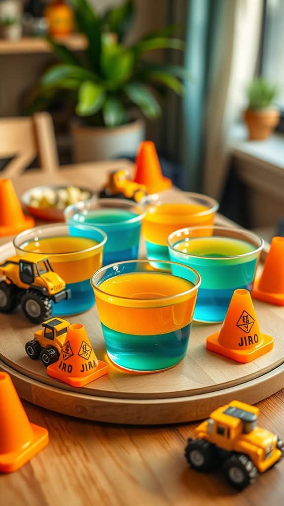 Colorful jello cups in construction theme with toy vehicles and cones